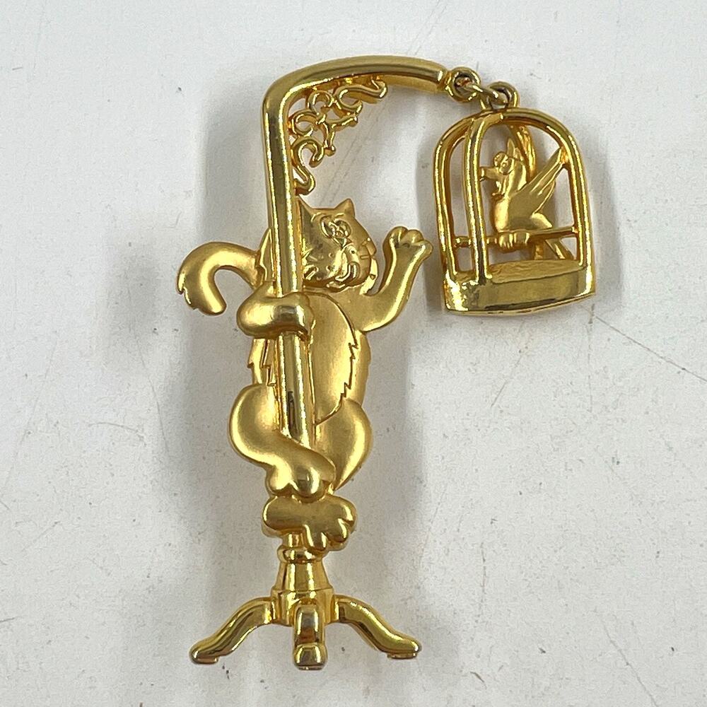 JJ Jonette Cat with Bird Cage Gold Tone Brooch Pin Vintage Jewelry Articulated